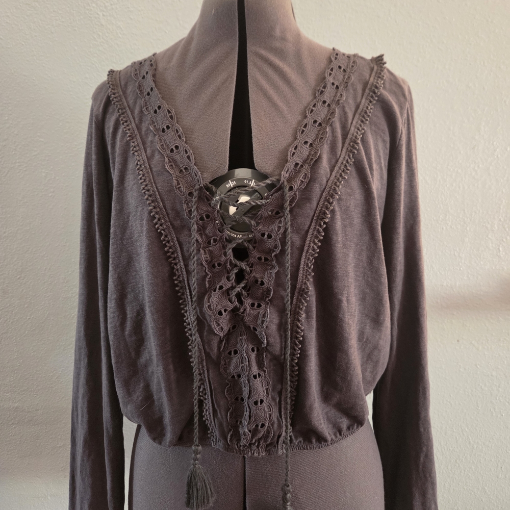 American Eagle Lace-Up Boho Long Sleeve Top in Dusky Gray
